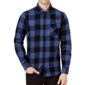Volcom Mens Blue Plaid Flannel Modern Fit Button Up Shirt Size Large
